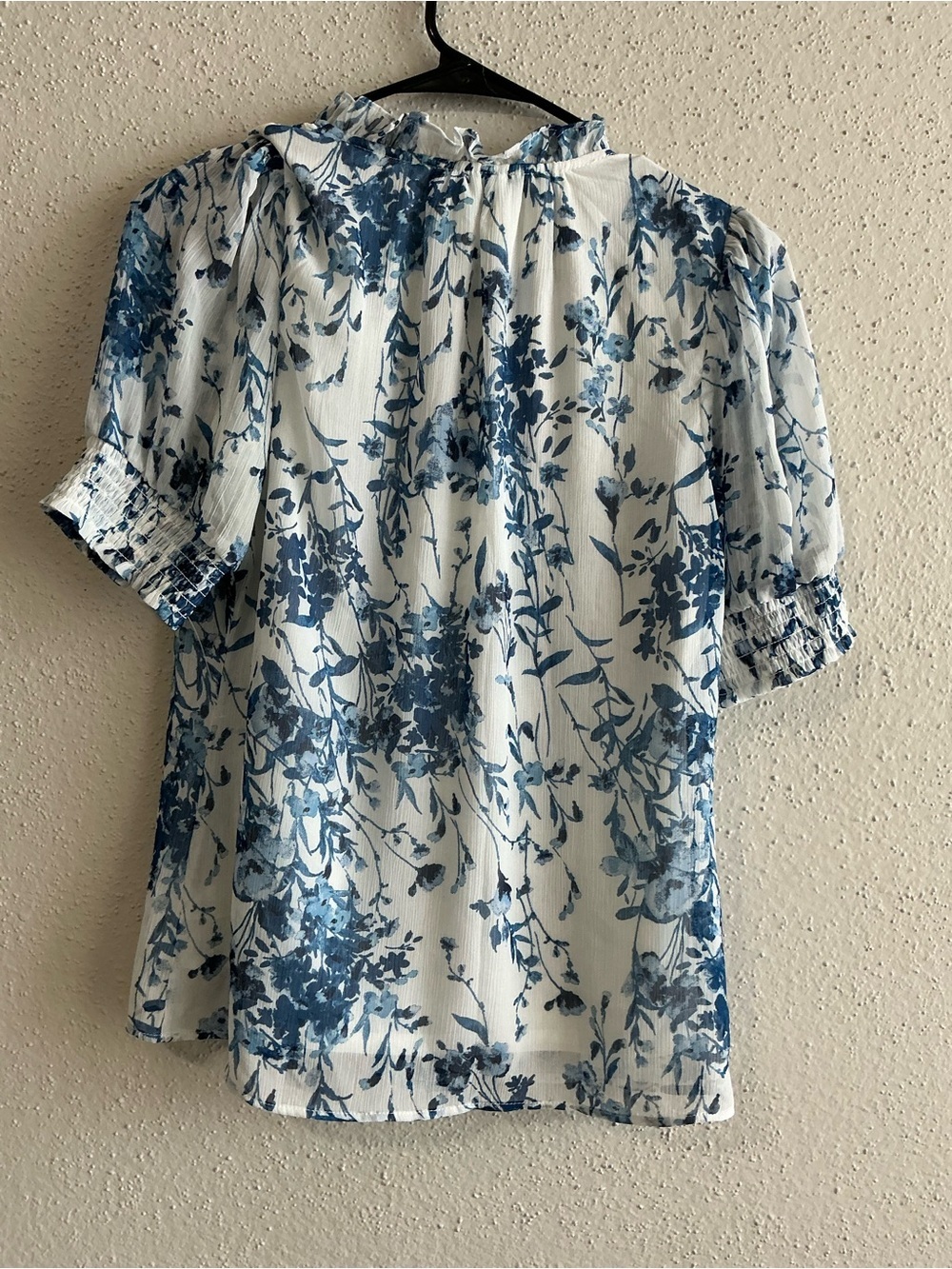 Smocked Yoke Floral Tie-Neck Blouse - White/Blue - Picture 3 of 3